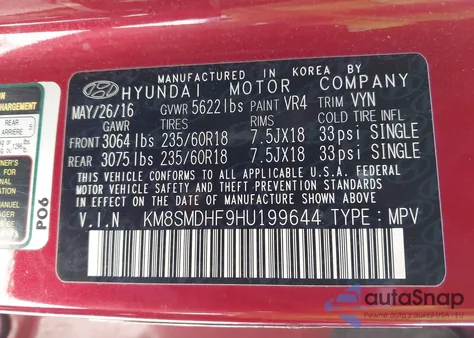 2017 Hyundai Santa Fe Se из США, поврежденный, VIN KM8SMDHF9HU199644